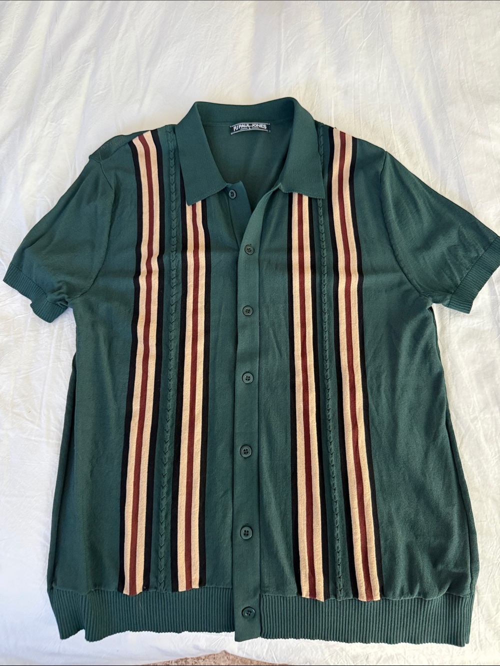 Royal Bones Teal Short-Sleeve Button Front Shirt with Cream and Burgundy Stripes